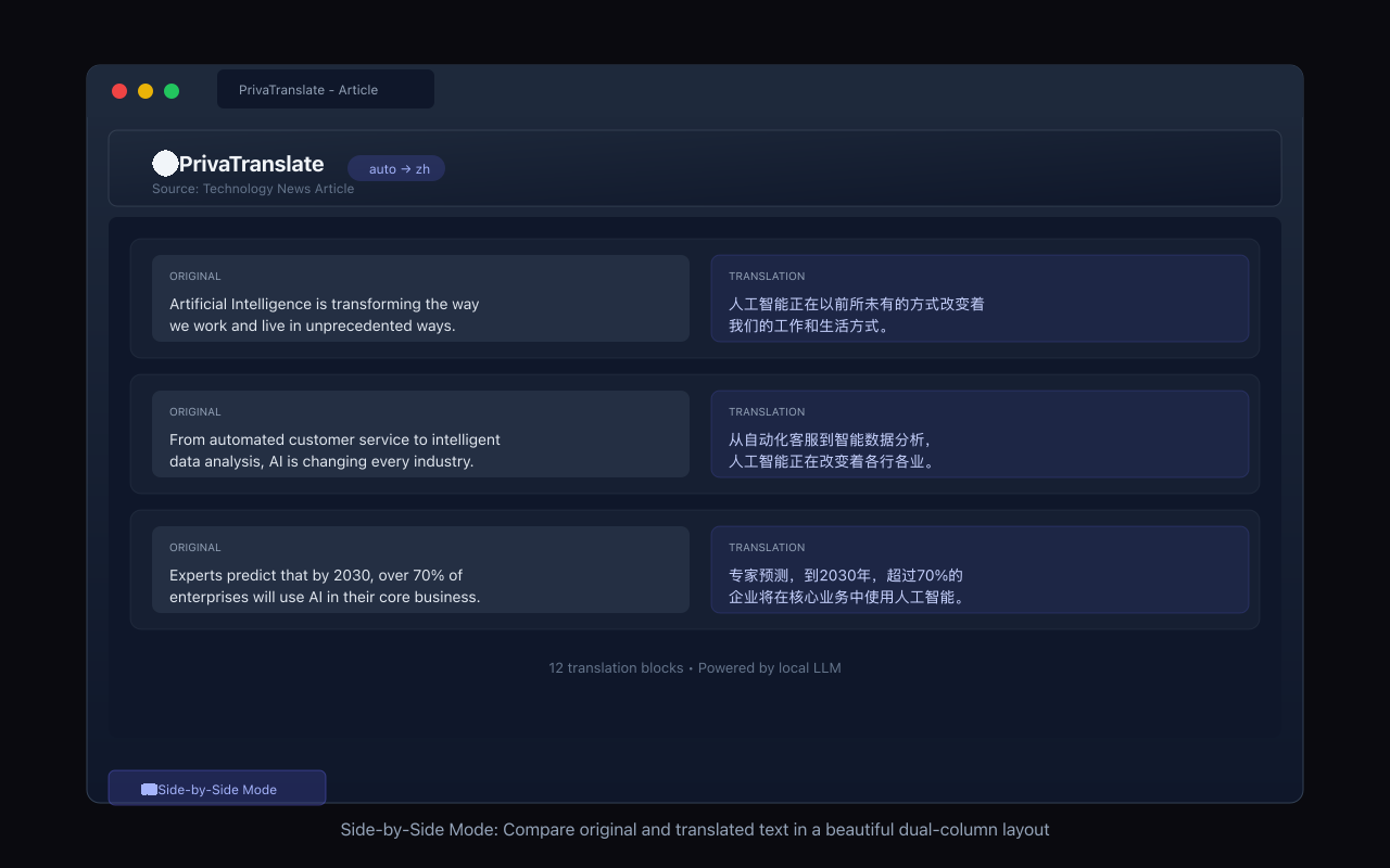 PrivyTranslate for Chrome side-by-side mode